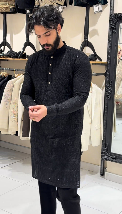 Black Threadwork Kurta Set