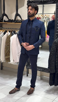 Navy Blue Three-Piece Vertical Threadwork Indowestern
