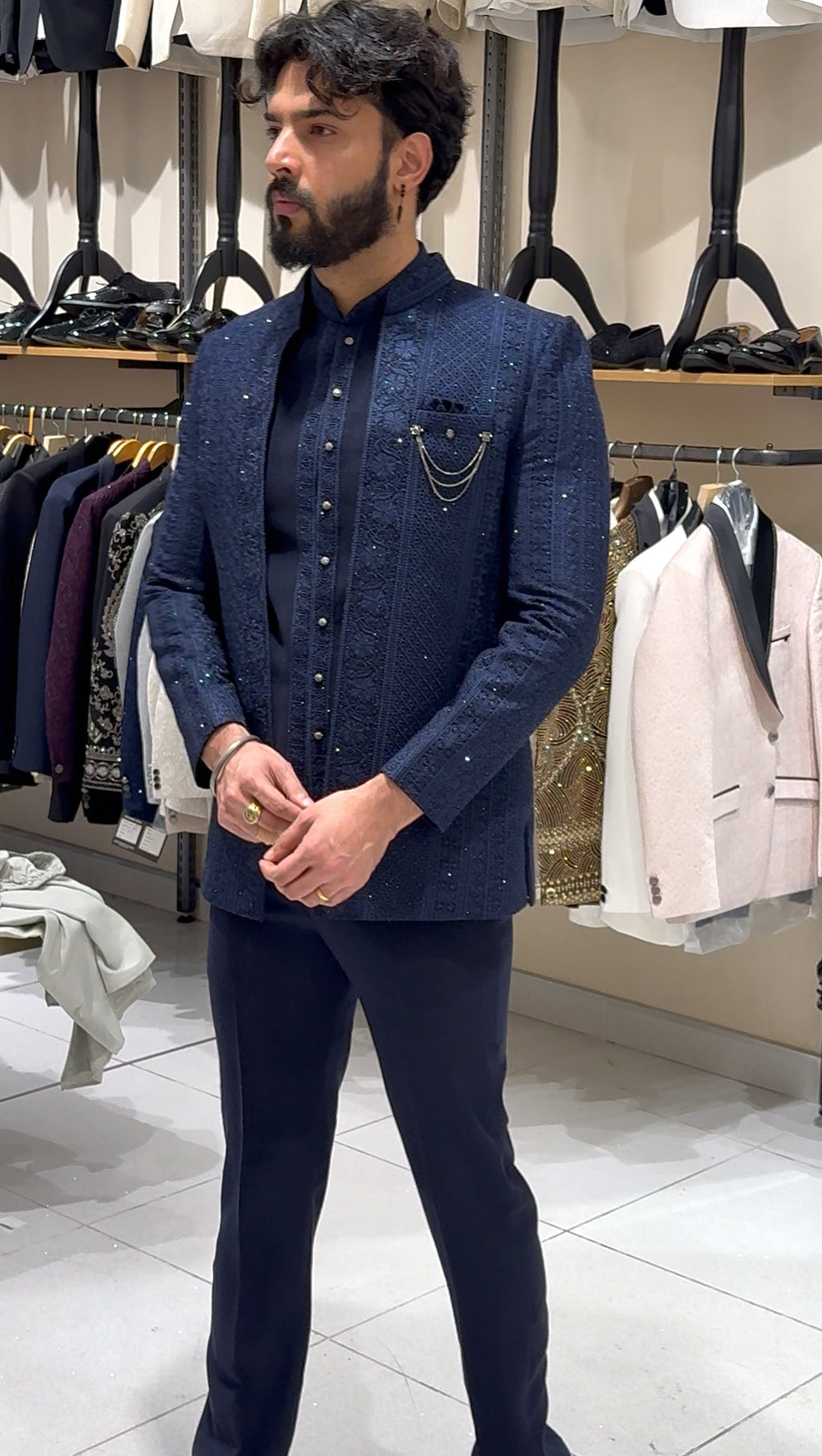 Navy Blue Three-Piece Vertical Threadwork Indowestern