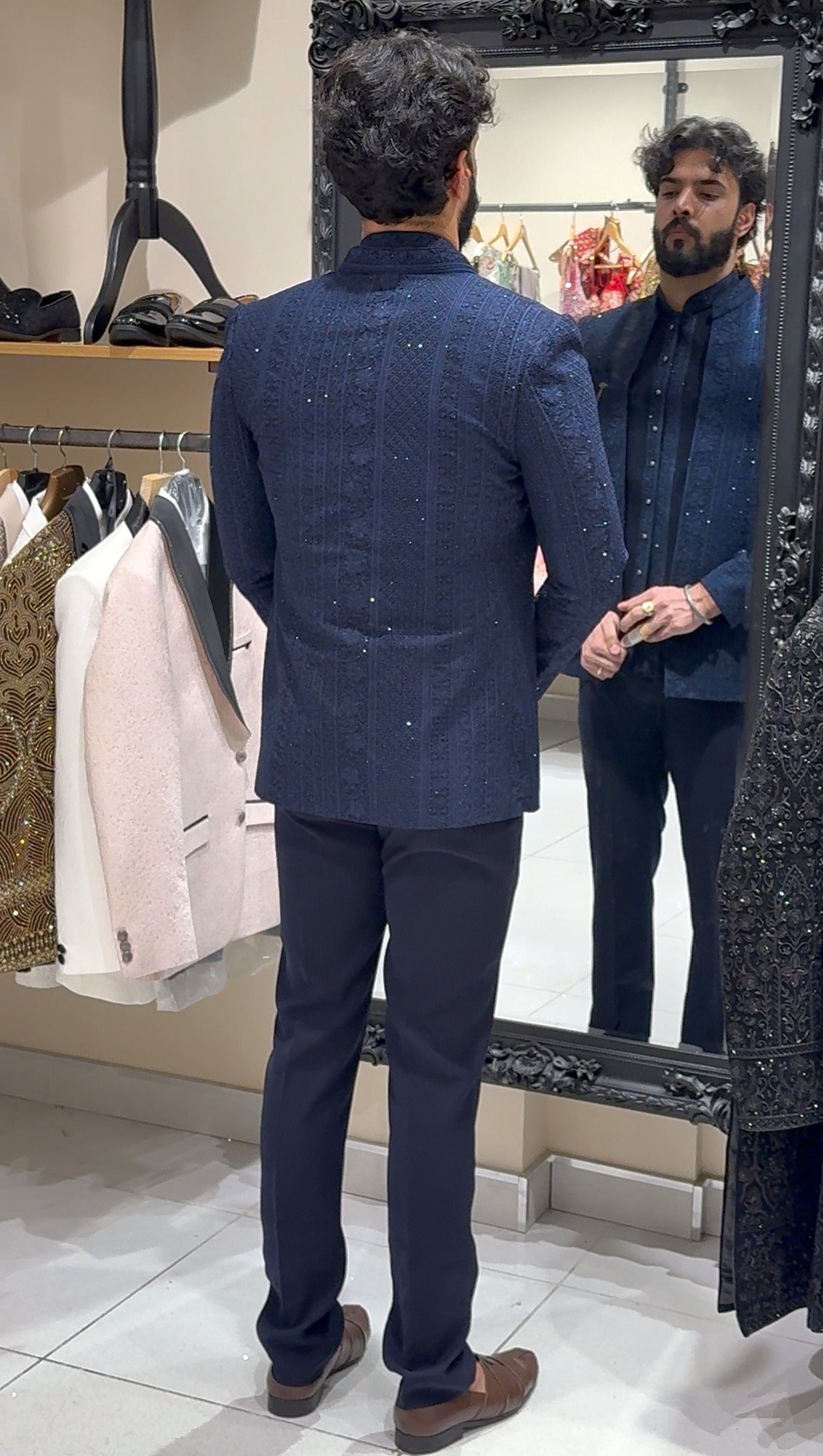 Navy Blue Three-Piece Vertical Threadwork Indowestern