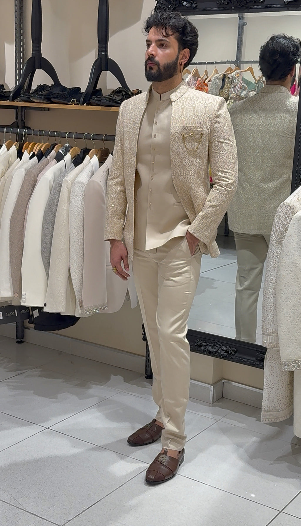 Champagne Gold Three-Piece Floral Threadwork Indowestern
