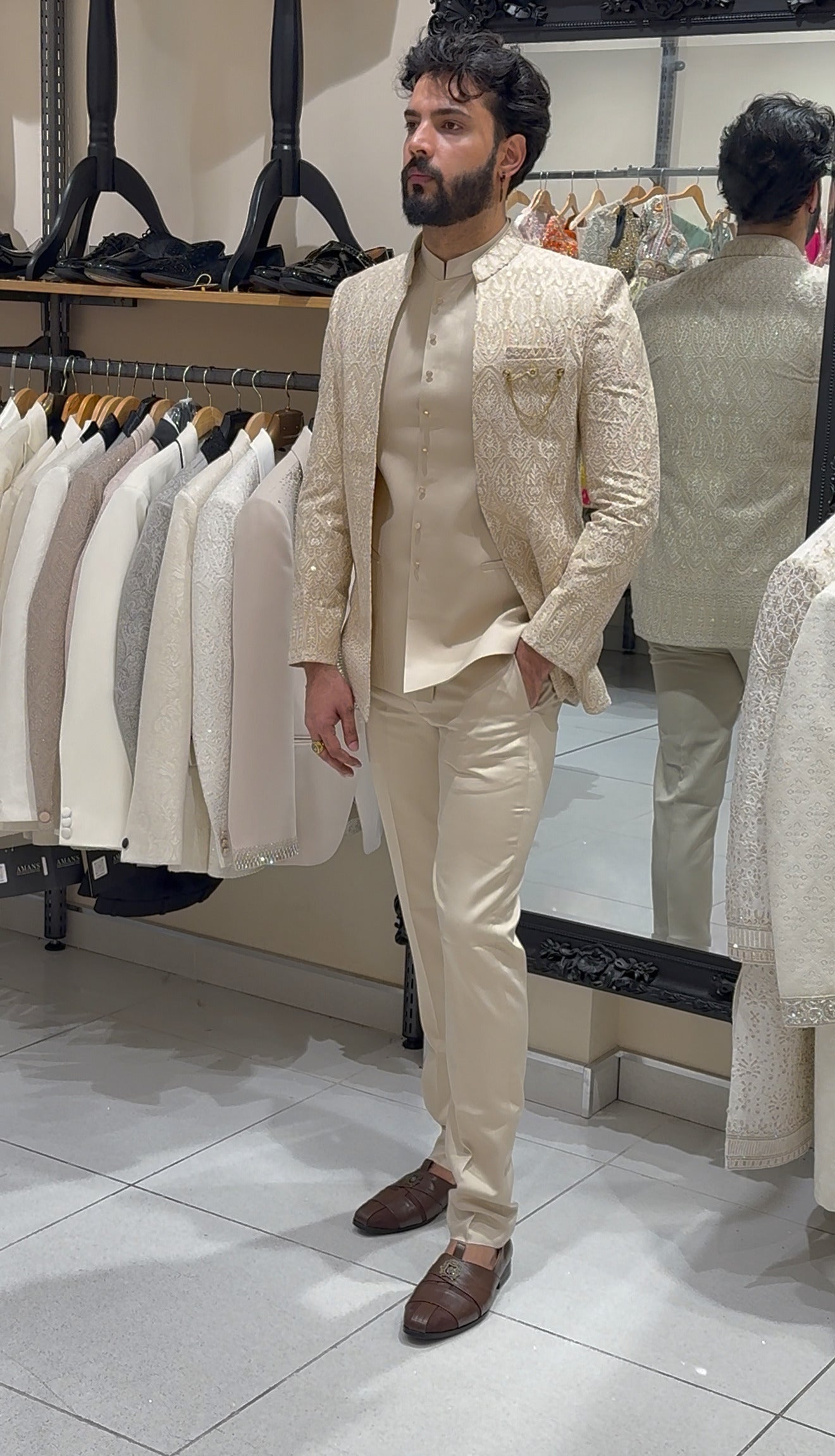 Champagne Gold Three-Piece Floral Threadwork Indowestern