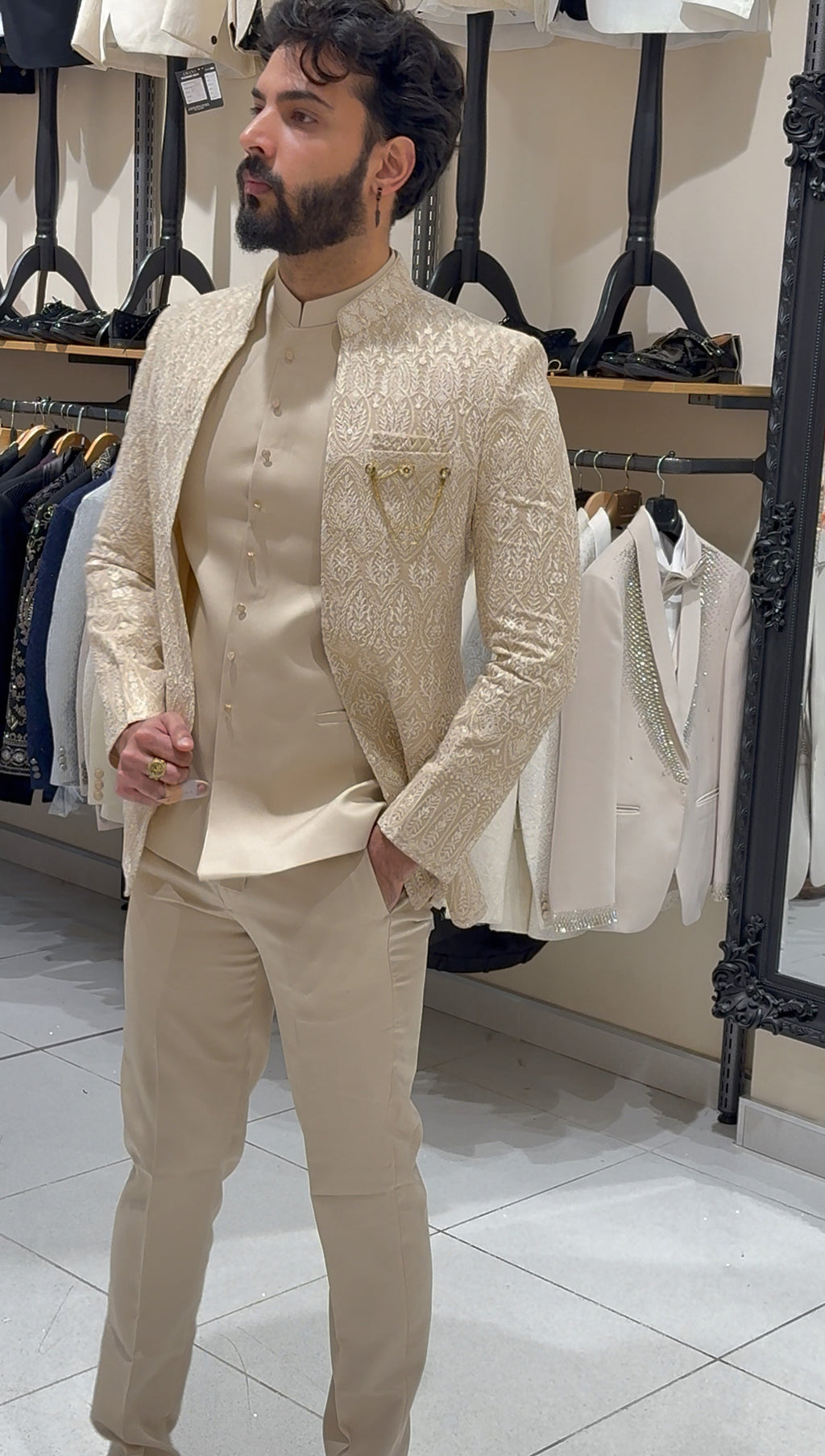 Champagne Gold Three-Piece Floral Threadwork Indowestern