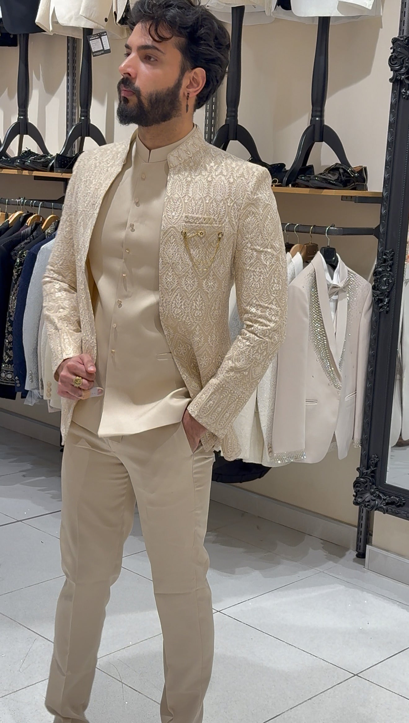 Champagne Gold Three-Piece Floral Threadwork Indowestern