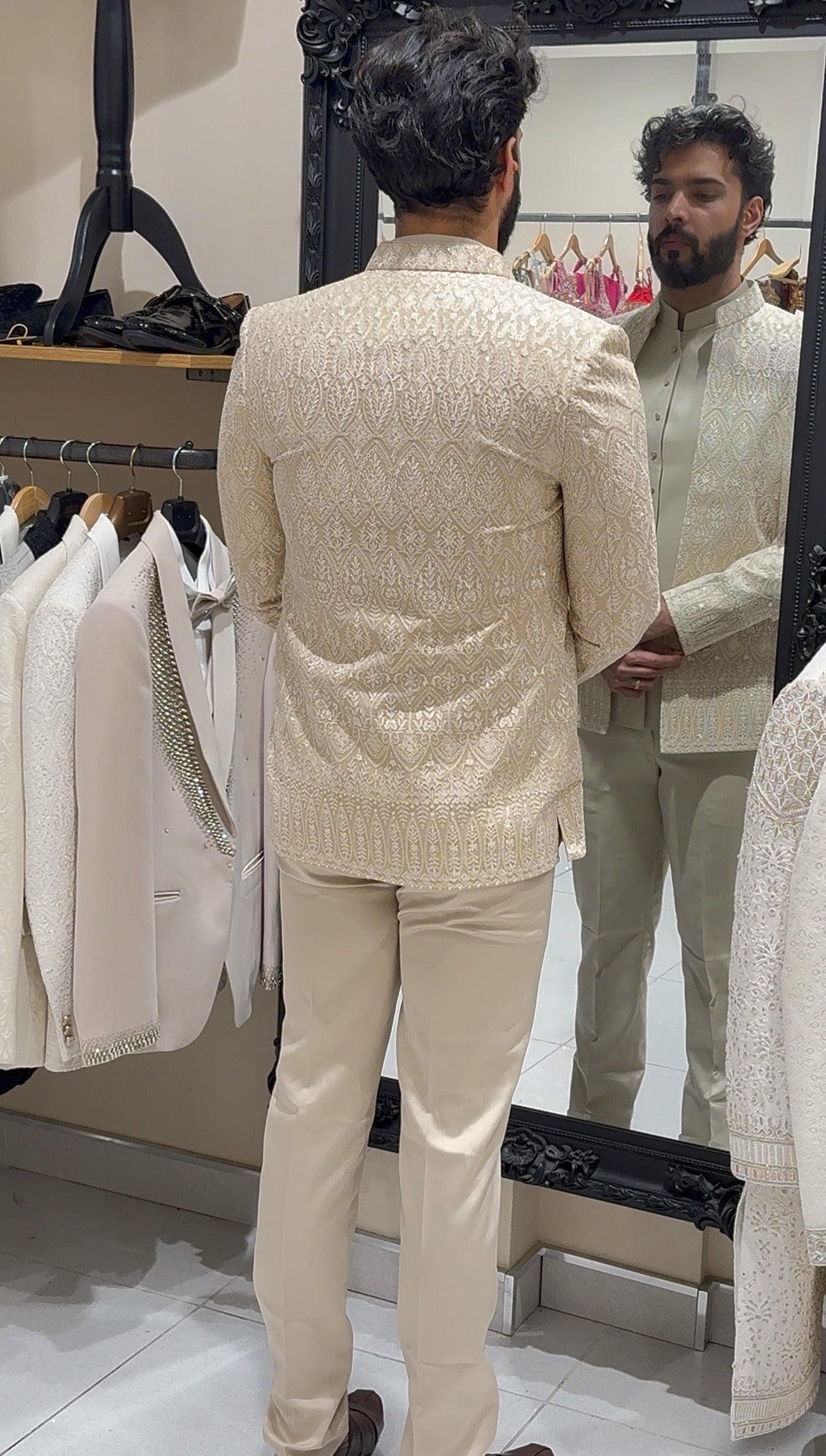 Champagne Gold Three-Piece Floral Threadwork Indowestern