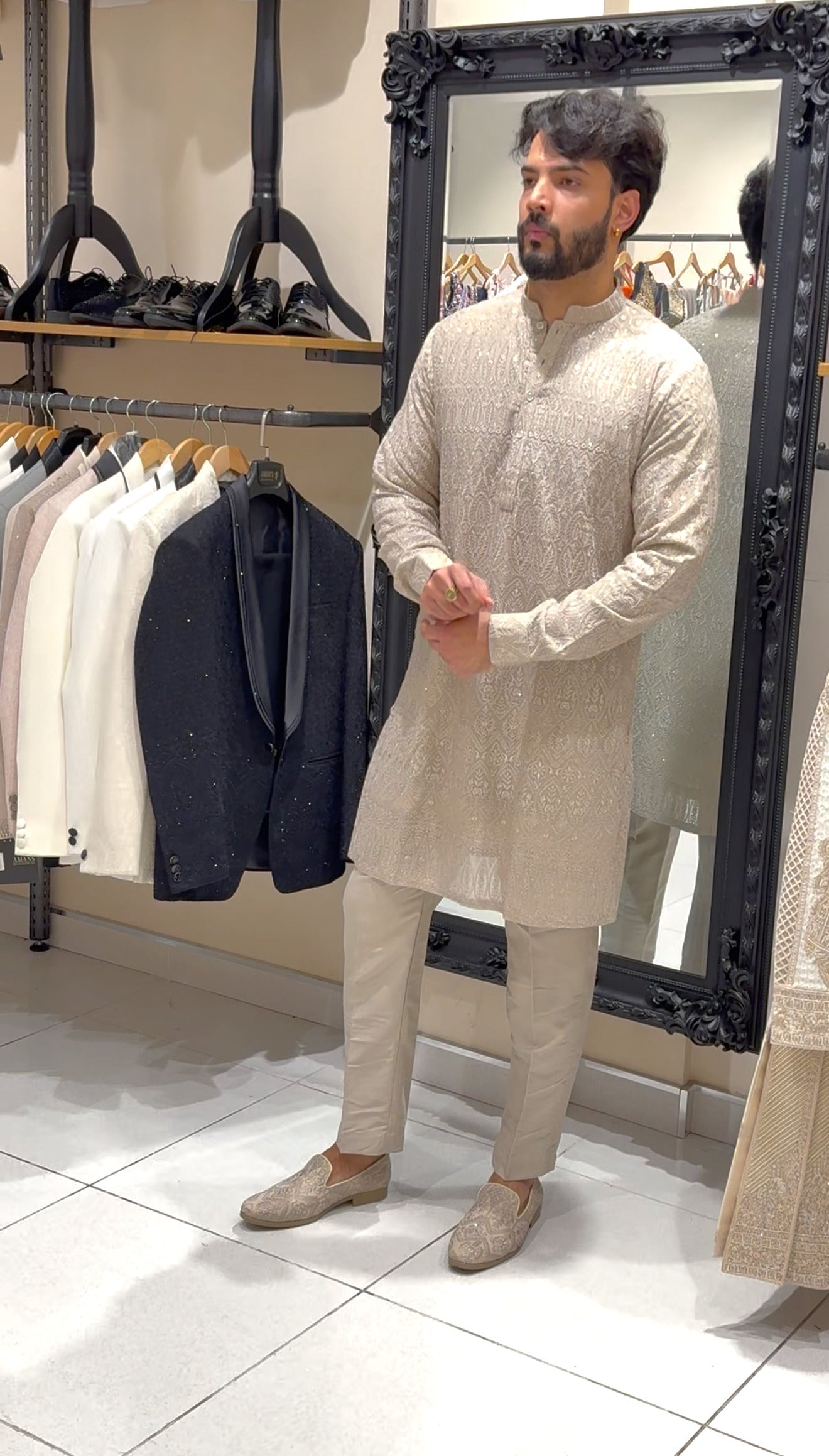 Beige Threadwork Kurta Set