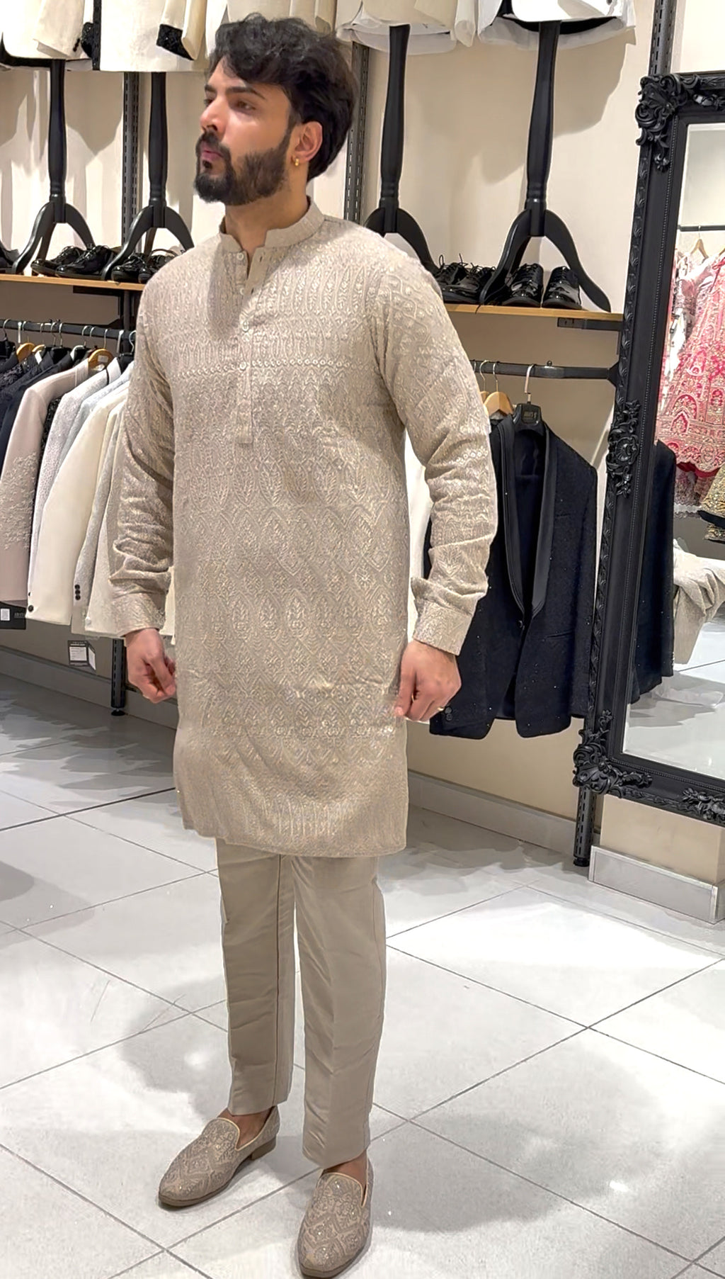 Beige Threadwork Kurta Set