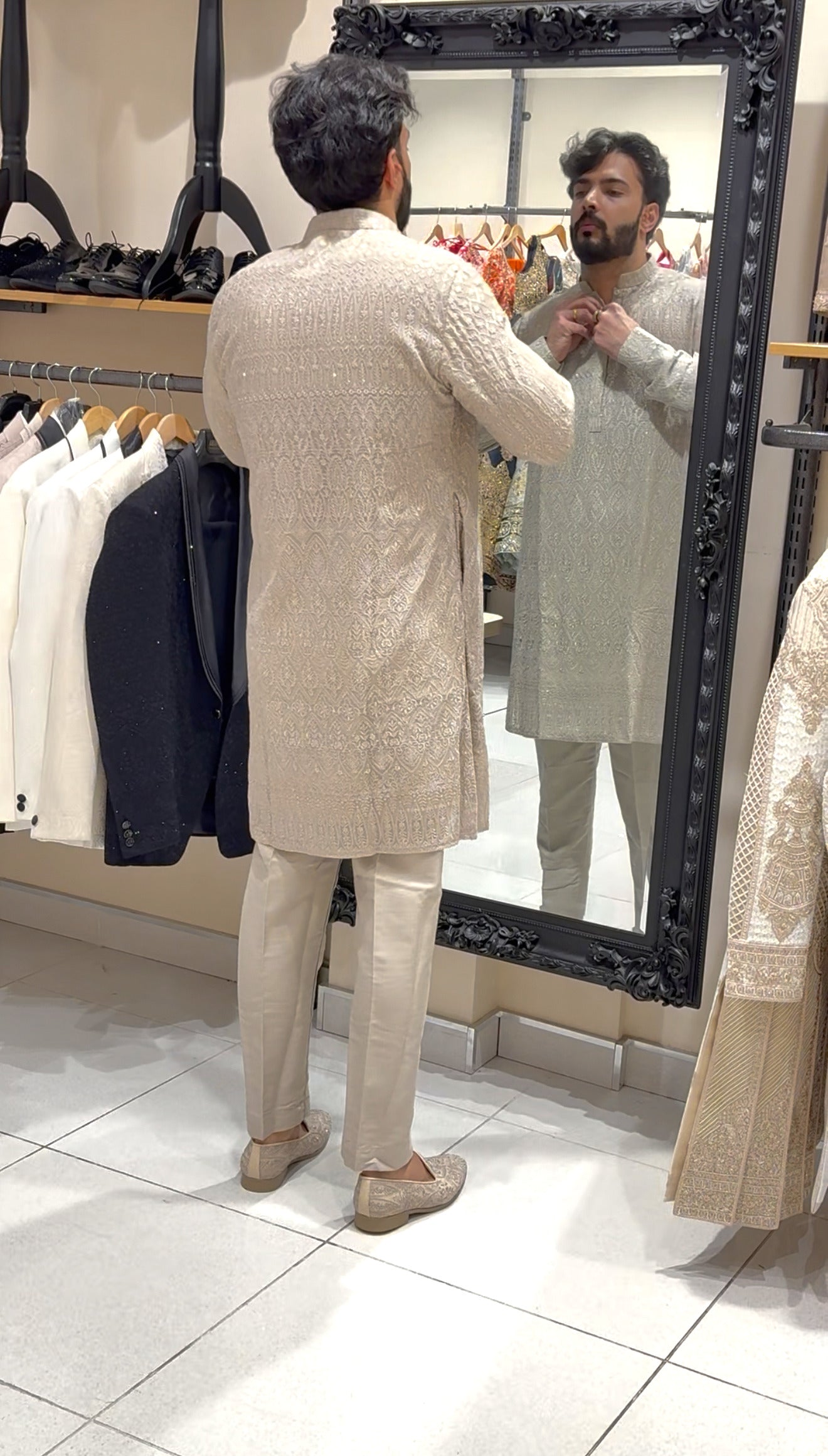 Beige Threadwork Kurta Set
