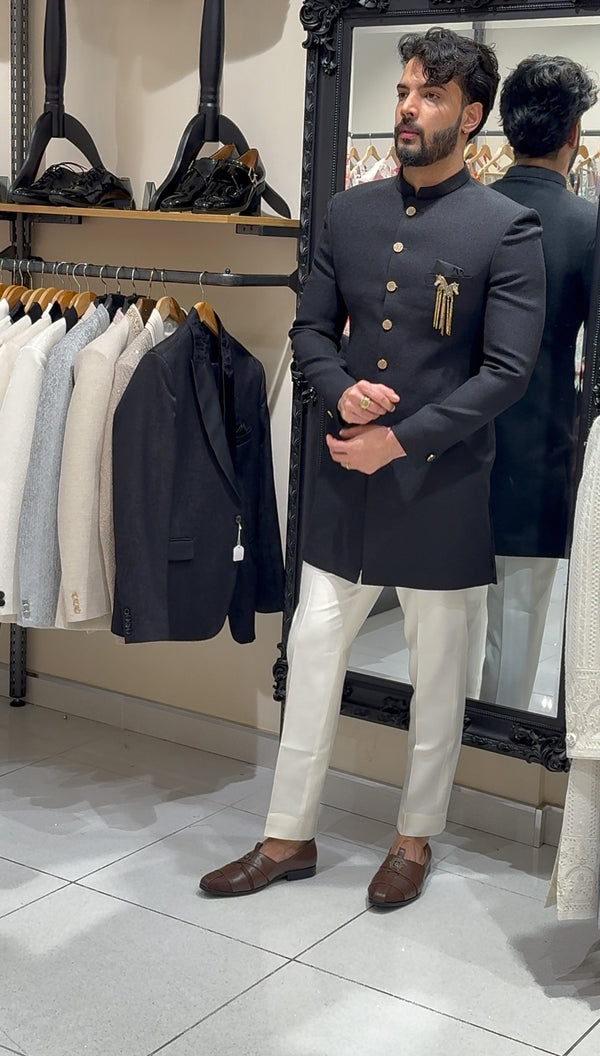 Black Tweed Nawabi Suit
