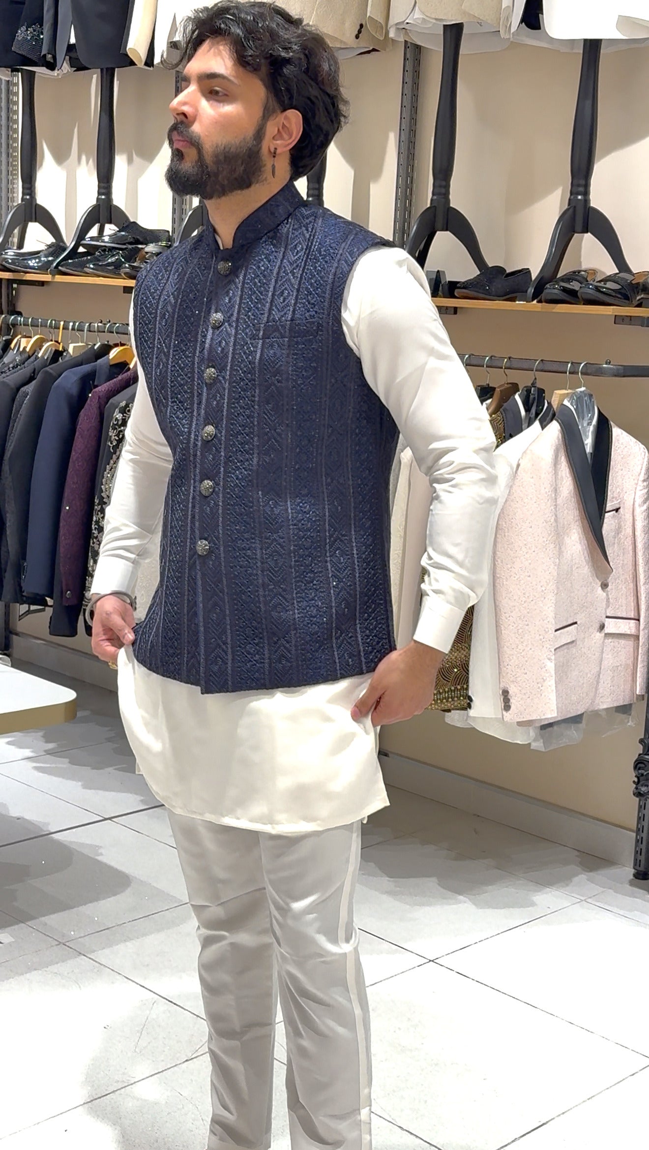 Navy Blue Vertical Pattern Waistcoat