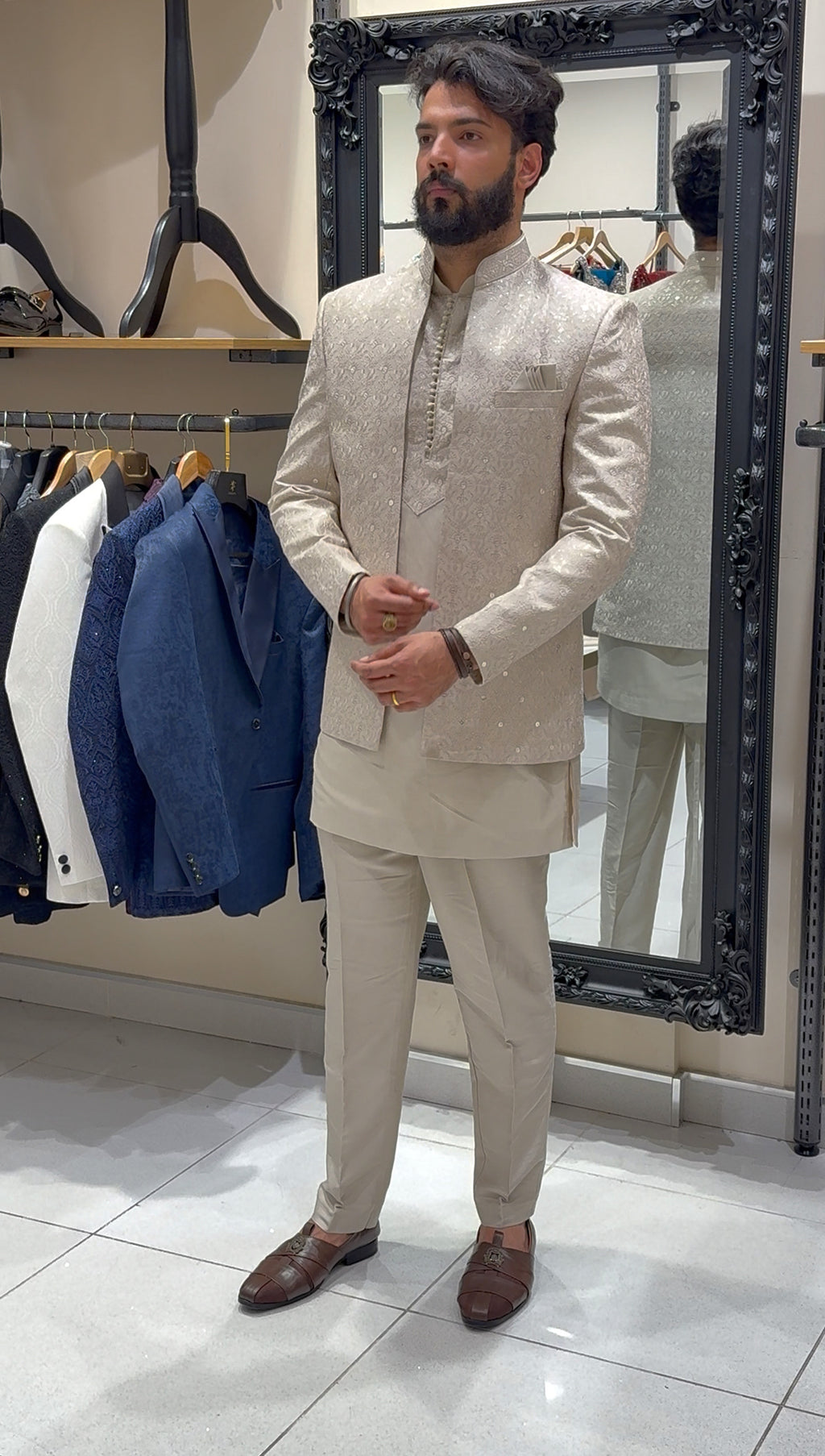 Beige Open Prince Coat with Kurta Trouser