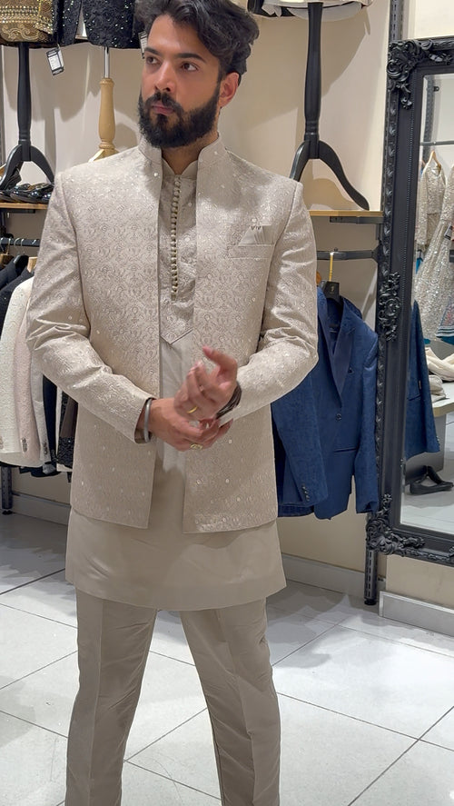 Beige Open Prince Coat with Kurta Trouser