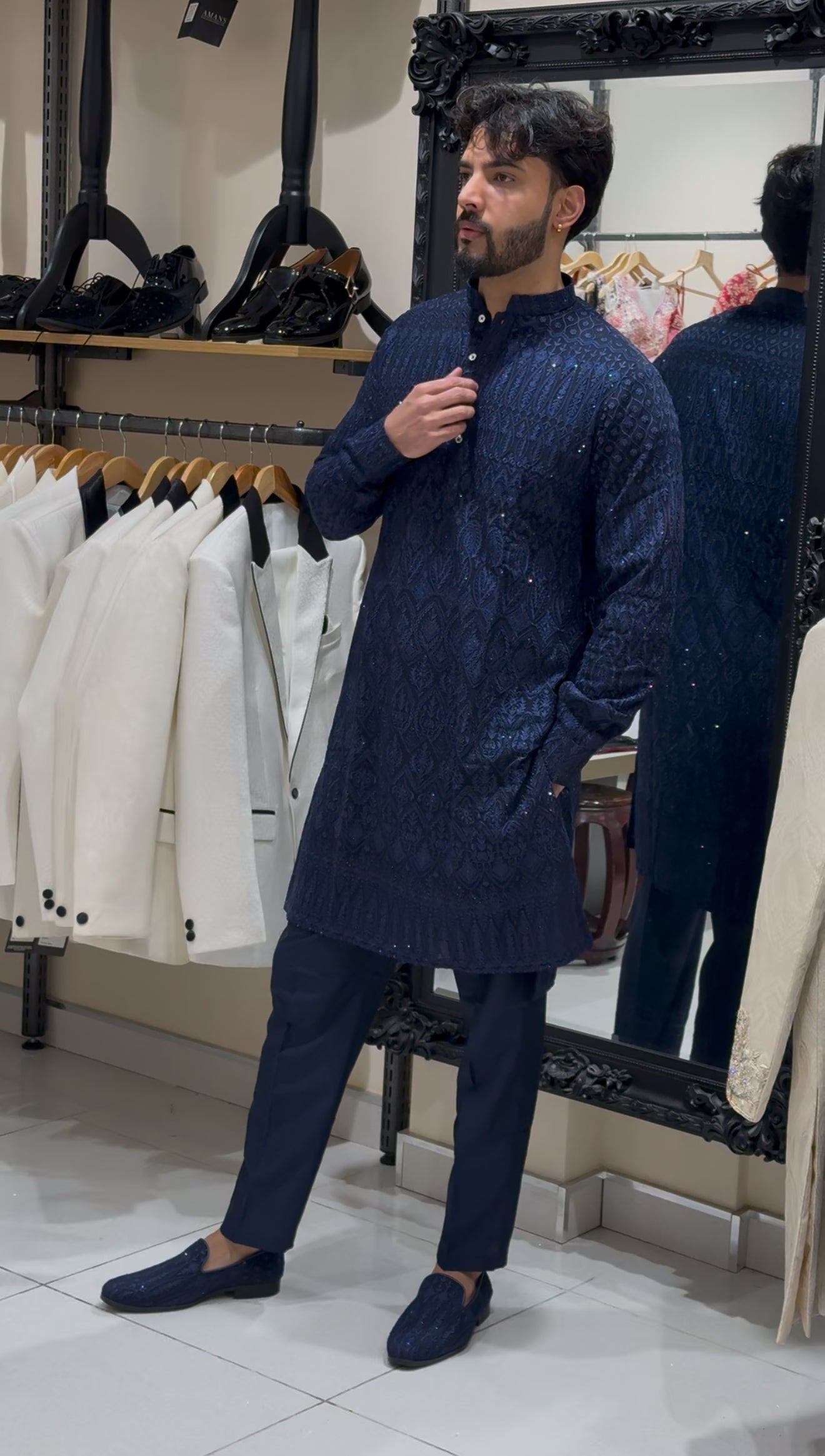 Navy Blue Threadwork Kurta Set
