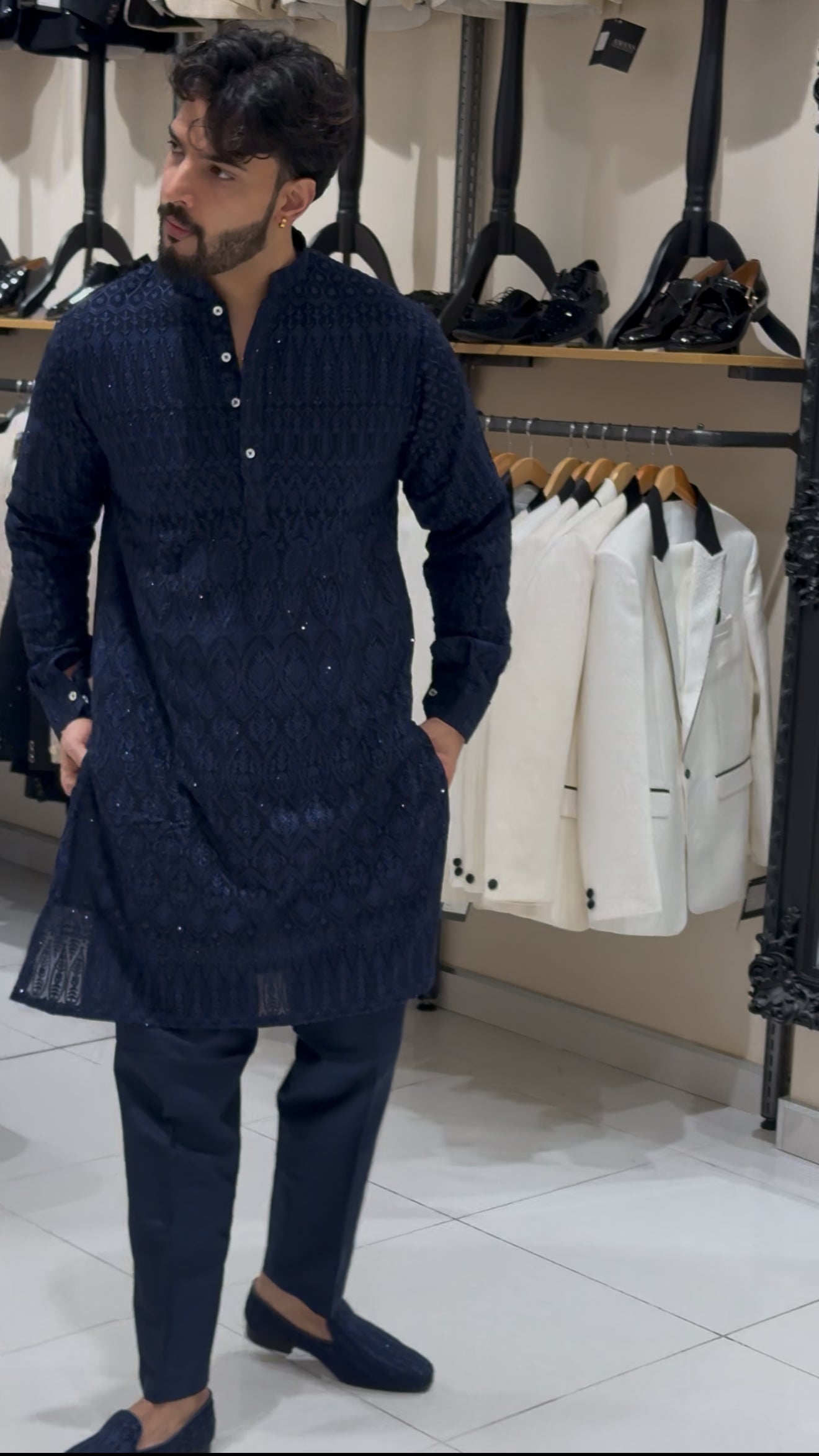 Navy Blue Threadwork Kurta Set