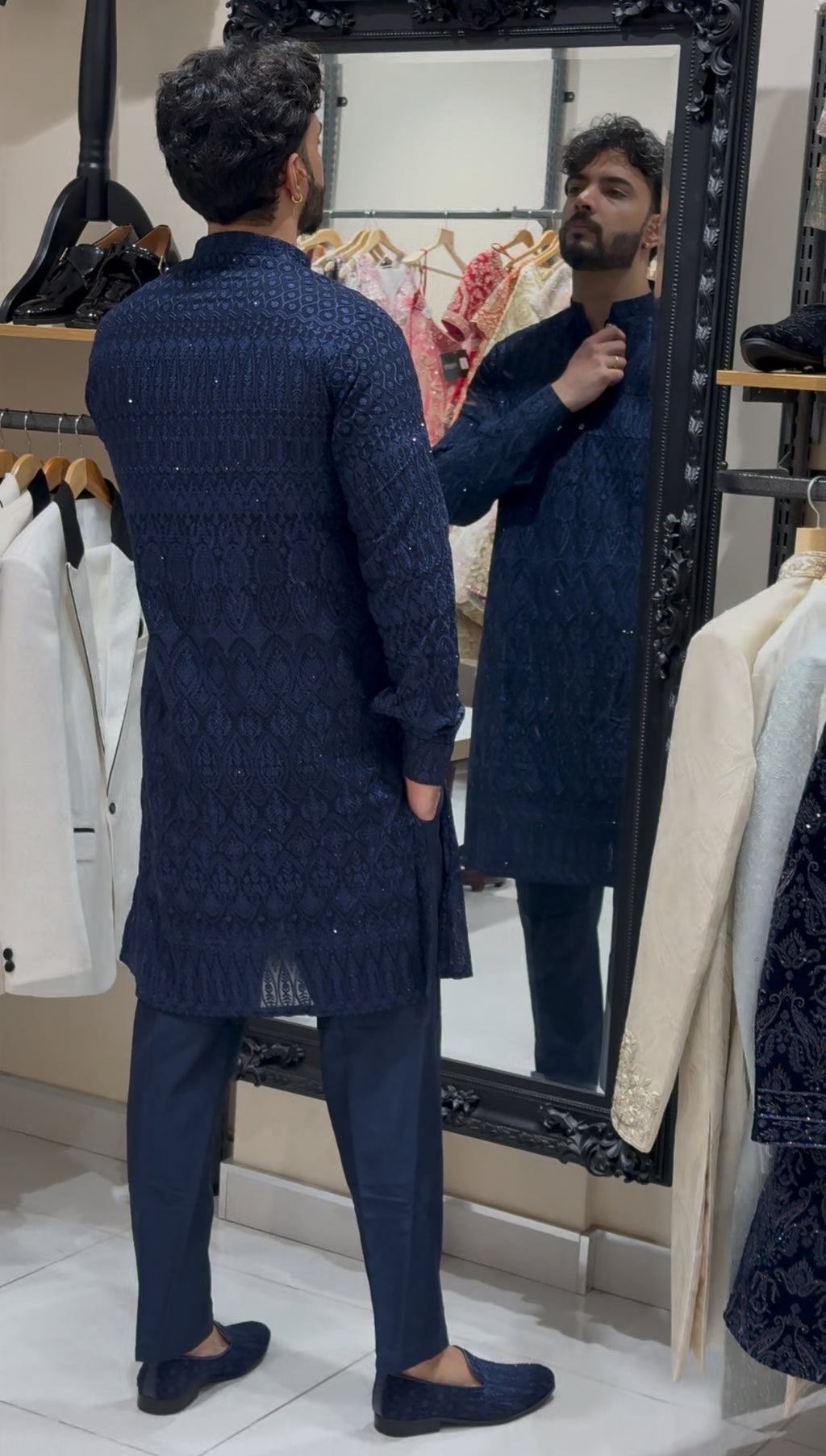Navy Blue Threadwork Kurta Set